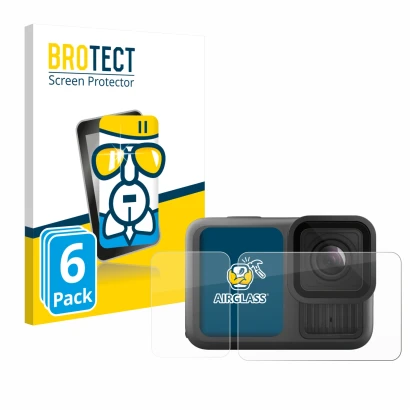 Face avant d’un emballage produit avec le logo de la marque BROTECT. À côté, l’appareil GoPro Hero 13 Black Creator Edition es