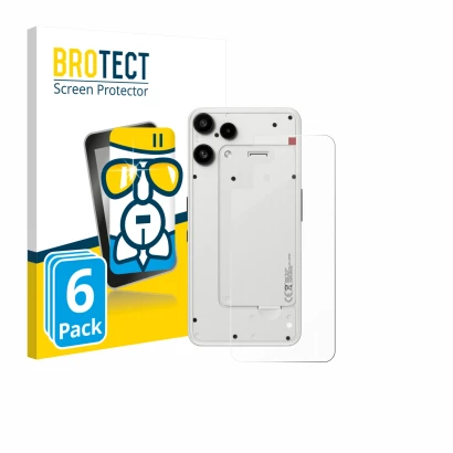 Face avant d’un emballage produit avec le logo de la marque BROTECT. À côté, l’appareil Nothing Phone (3a) Lite (Arrière) est 