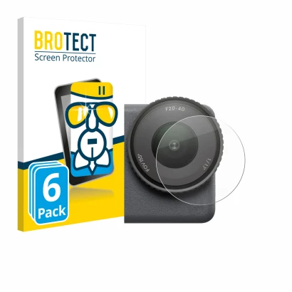 Face avant d’un emballage produit avec le logo de la marque BROTECT. À côté, l’appareil DJI Osmo Action 6 (Lentille) est repré