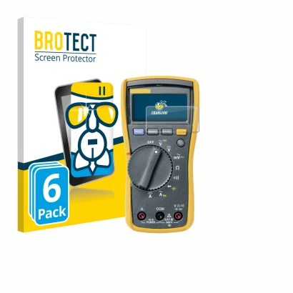 Face avant d’un emballage produit avec le logo de la marque BROTECT. À côté, l’appareil Fluke MultiMeter 115 est représenté av