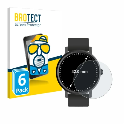 Face avant d’un emballage produit avec le logo de la marque BROTECT. À côté, l’appareil Montres (Circulaire, ø: 42 mm) est rep