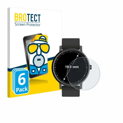 Face avant d’un emballage produit avec le logo de la marque BROTECT. À côté, l’appareil Montres (Circulaire, ø: 19 mm) est rep