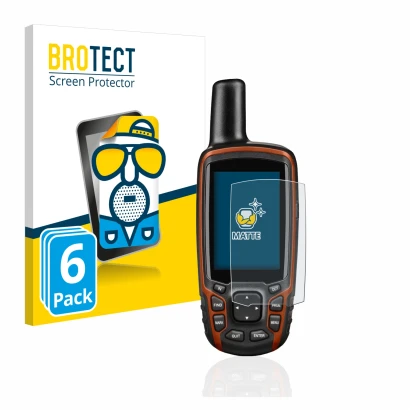 Face avant d’un emballage produit avec le logo de la marque BROTECT. À côté, l’appareil Garmin GPSMAP 64s est représenté avec