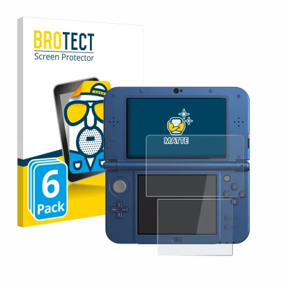 Face avant d’un emballage produit avec le logo de la marque BROTECT. À côté, l’appareil Nintendo New 3DS XL est représenté ave