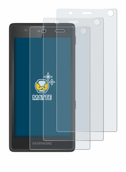 Image de l'appareil Fairphone 2 avec une grande variété de protections d'écran.