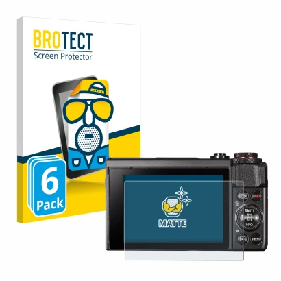 Face avant d’un emballage produit avec le logo de la marque BROTECT. À côté, l’appareil Canon PowerShot G7 X Mark II est repré