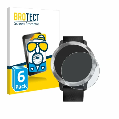 Face avant d’un emballage produit avec le logo de la marque BROTECT. À côté, l’appareil Garmin vivoactive 3 est représenté ave