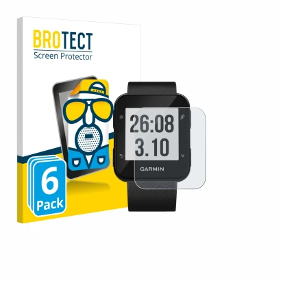 Face avant d’un emballage produit avec le logo de la marque BROTECT. À côté, l’appareil Garmin Forerunner 30 est représenté av