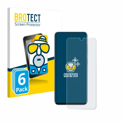 Face avant d’un emballage produit avec le logo de la marque BROTECT. À côté, l’appareil Samsung Galaxy S20 est représenté avec