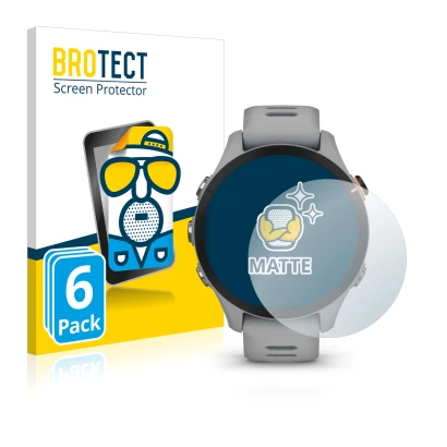 Face avant d’un emballage produit avec le logo de la marque BROTECT. À côté, l’appareil Garmin Forerunner 255S est représenté