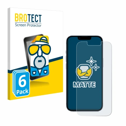 Face avant d’un emballage produit avec le logo de la marque BROTECT. À côté, l’appareil Apple iPhone 14 est représenté avec la