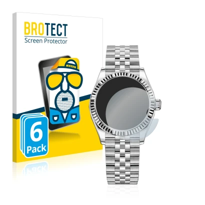 Face avant d’un emballage produit avec le logo de la marque BROTECT. À côté, l’appareil Rolex Datejust 31 est représenté avec