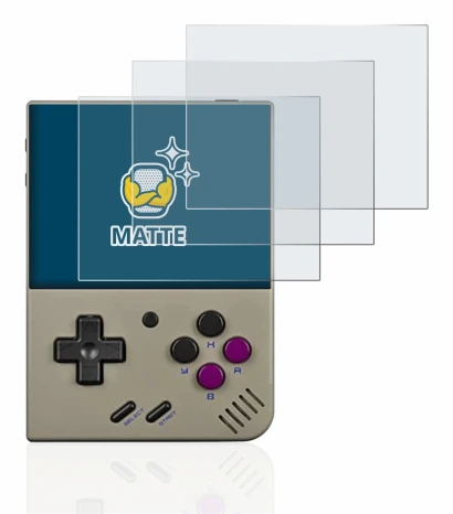 Image de l'appareil Miyoo Mini Plus avec une grande variété de protections d'écran.