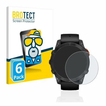 Face avant d’un emballage produit avec le logo de la marque BROTECT. À côté, l’appareil Garmin Fenix 7 Pro Solar (47 mm) est r