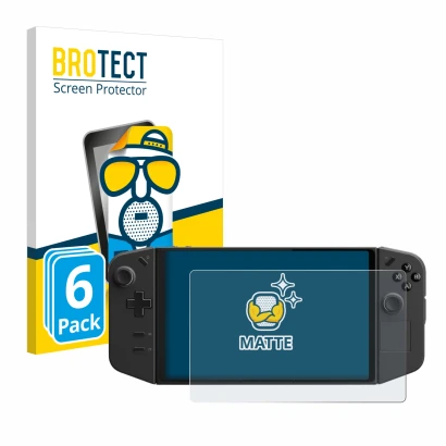 Face avant d’un emballage produit avec le logo de la marque BROTECT. À côté, l’appareil Lenovo Legion Go est représenté avec l