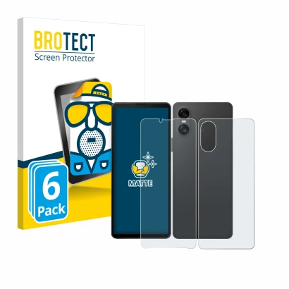 Face avant d’un emballage produit avec le logo de la marque BROTECT. À côté, l’appareil Sony Xperia 10 VI (Avant+Arrière) est 