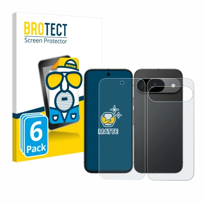 Face avant d’un emballage produit avec le logo de la marque BROTECT. À côté, l’appareil Google Pixel 9 (Avant+Arrière) est rep
