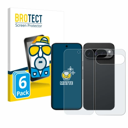 Face avant d’un emballage produit avec le logo de la marque BROTECT. À côté, l’appareil Google Pixel 9 Pro (Avant+Arrière) est