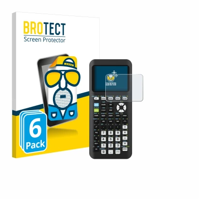 Face avant d’un emballage produit avec le logo de la marque BROTECT. À côté, l’appareil Texas Instruments TI-84 Plus CE-T Pyth