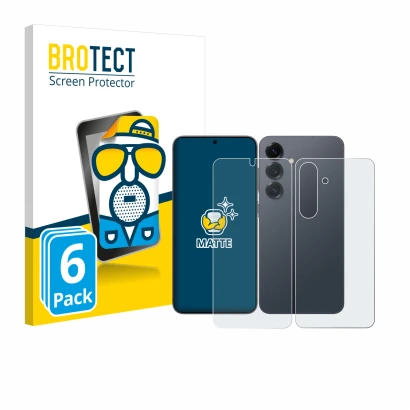 Face avant d’un emballage produit avec le logo de la marque BROTECT. À côté, l’appareil Samsung Galaxy S25 (Avant+Arrière) est