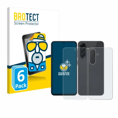 Face avant d’un emballage produit avec le logo de la marque BROTECT. À côté, l’appareil Samsung Galaxy A36 5G (Avant+Arrière) 