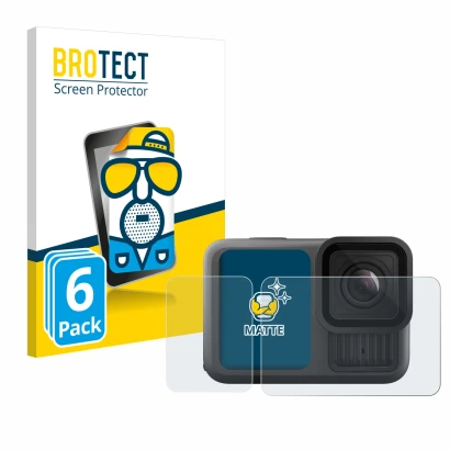 Face avant d’un emballage produit avec le logo de la marque BROTECT. À côté, l’appareil GoPro Hero 13 Black Creator Edition es