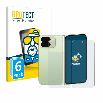 Face avant d’un emballage produit avec le logo de la marque BROTECT. À côté, l’appareil Google Pixel 10 Pro Fold (Avant+Arrièr