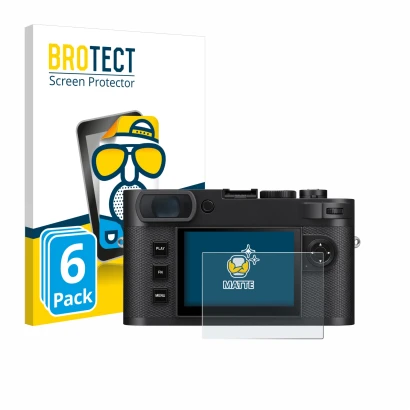 Face avant d’un emballage produit avec le logo de la marque BROTECT. À côté, l’appareil Leica M EV1 est représenté avec la pro