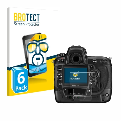 Face avant d’un emballage produit avec le logo de la marque BROTECT. À côté, l’appareil Nikon D3 est représenté avec la protec