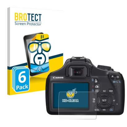 Face avant d’un emballage produit avec le logo de la marque BROTECT. À côté, l’appareil Canon EOS 1100D est représenté avec la