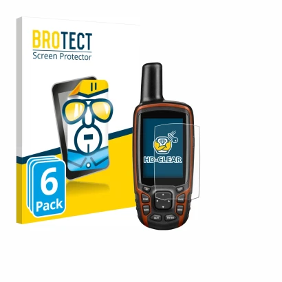 Face avant d’un emballage produit avec le logo de la marque BROTECT. À côté, l’appareil Garmin GPSMAP 64s est représenté avec
