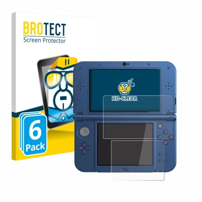 Face avant d’un emballage produit avec le logo de la marque BROTECT. À côté, l’appareil Nintendo New 3DS XL est représenté ave