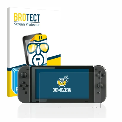 Face avant d’un emballage produit avec le logo de la marque BROTECT. À côté, l’appareil Nintendo Switch est représenté avec la