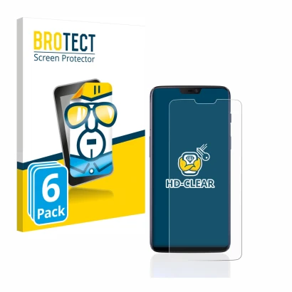 Face avant d’un emballage produit avec le logo de la marque BROTECT. À côté, l’appareil OnePlus 6 est représenté avec la prote