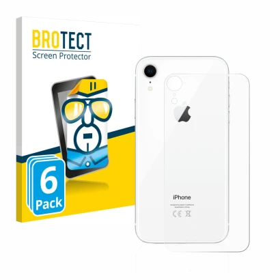 Face avant d’un emballage produit avec le logo de la marque BROTECT. À côté, l’appareil Apple iPhone XR (Le dos) est représent