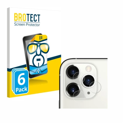 Face avant d’un emballage produit avec le logo de la marque BROTECT. À côté, l’appareil Apple iPhone 11 Pro (Caméra UNIQUEMENT