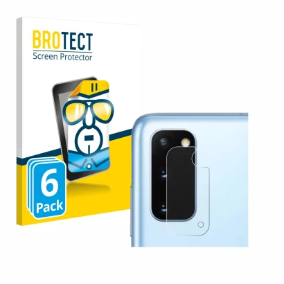 Face avant d’un emballage produit avec le logo de la marque BROTECT. À côté, l’appareil Samsung Galaxy S20 (Caméra UNIQUEMENT)
