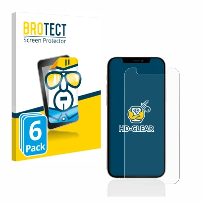 Face avant d’un emballage produit avec le logo de la marque BROTECT. À côté, l’appareil Apple iPhone 12 mini est représenté av