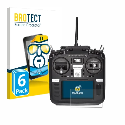 Face avant d’un emballage produit avec le logo de la marque BROTECT. À côté, l’appareil Radiomaster TX16S est représenté avec