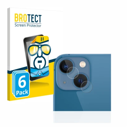 Face avant d’un emballage produit avec le logo de la marque BROTECT. À côté, l’appareil Apple iPhone 13 mini (Caméra UNIQUEMEN