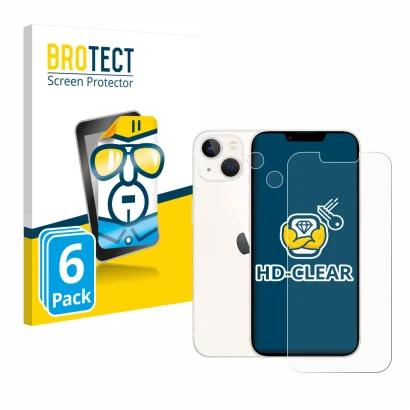 Face avant d’un emballage produit avec le logo de la marque BROTECT. À côté, l’appareil Apple iPhone 13 (Avant+Caméra) est rep