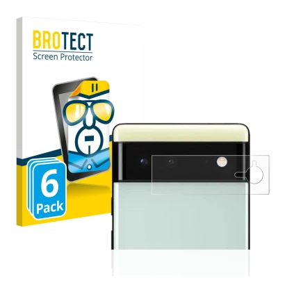 Face avant d’un emballage produit avec le logo de la marque BROTECT. À côté, l’appareil Google Pixel 6 (Caméra UNIQUEMENT) est