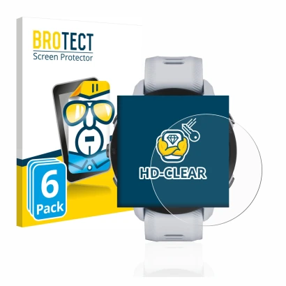 Face avant d’un emballage produit avec le logo de la marque BROTECT. À côté, l’appareil Garmin Forerunner 955 Solar est représ