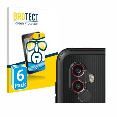 Face avant d’un emballage produit avec le logo de la marque BROTECT. À côté, l’appareil Samsung Galaxy Xcover 6 Pro (Caméra UN