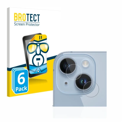 Face avant d’un emballage produit avec le logo de la marque BROTECT. À côté, l’appareil Apple iPhone 14 (Caméra UNIQUEMENT) es