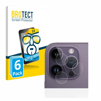 Face avant d’un emballage produit avec le logo de la marque BROTECT. À côté, l’appareil Apple iPhone 14 Pro (Caméra UNIQUEMENT