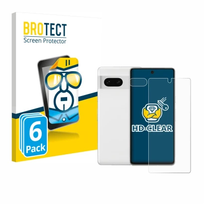 Face avant d’un emballage produit avec le logo de la marque BROTECT. À côté, l’appareil Google Pixel 7 (Avant+Caméra) est repr