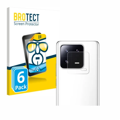 Face avant d’un emballage produit avec le logo de la marque BROTECT. À côté, l’appareil Xiaomi 13 Pro (Caméra UNIQUEMENT) est 