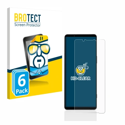 Face avant d’un emballage produit avec le logo de la marque BROTECT. À côté, l’appareil Sony Xperia 1 V est représenté avec la