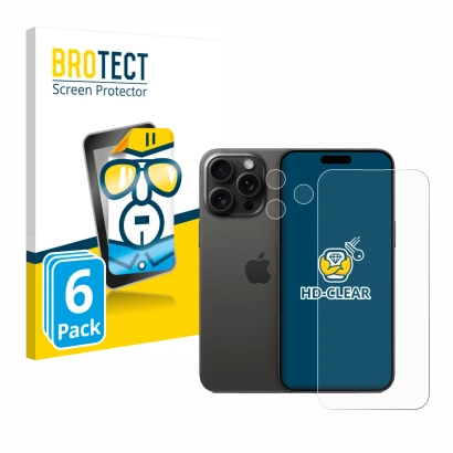 Face avant d’un emballage produit avec le logo de la marque BROTECT. À côté, l’appareil Apple iPhone 15 Pro Max (Avant+Caméra)